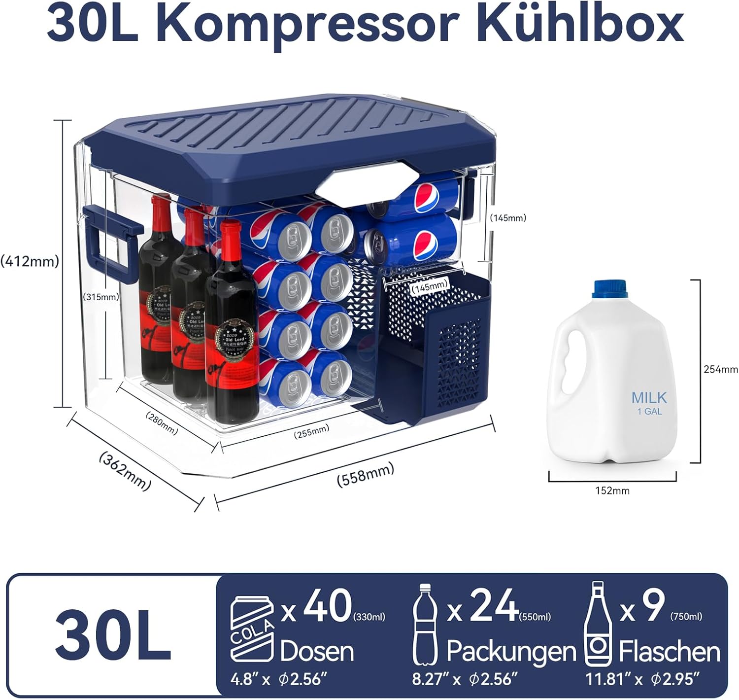 BINGI Kompressor Kühlbox 30 Liter Tragbarer Auto-Kühlschrank 12/24V DC und 230V AC Mini Gefrierschrank für Auto, LKW, Camping, Wohnmobil und Zuhause (15℃ bis -18℃)