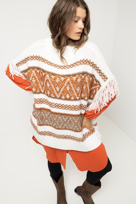 Poncho, oversized, Ethnomuster, Fransen