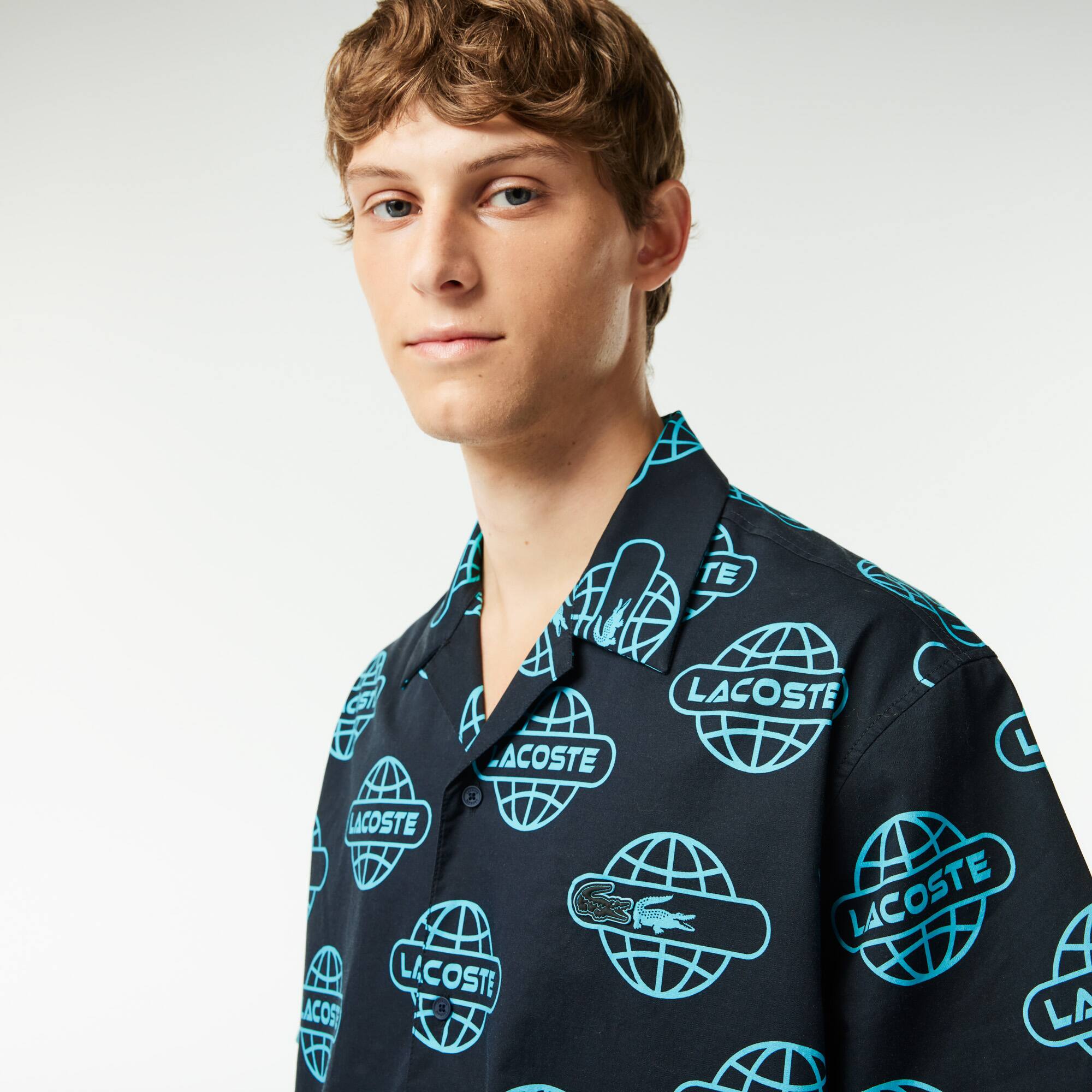 Chemise en twill de coton imprimé mappemonde Lacoste Manches Courtes - Noir - Lacoste - Homme