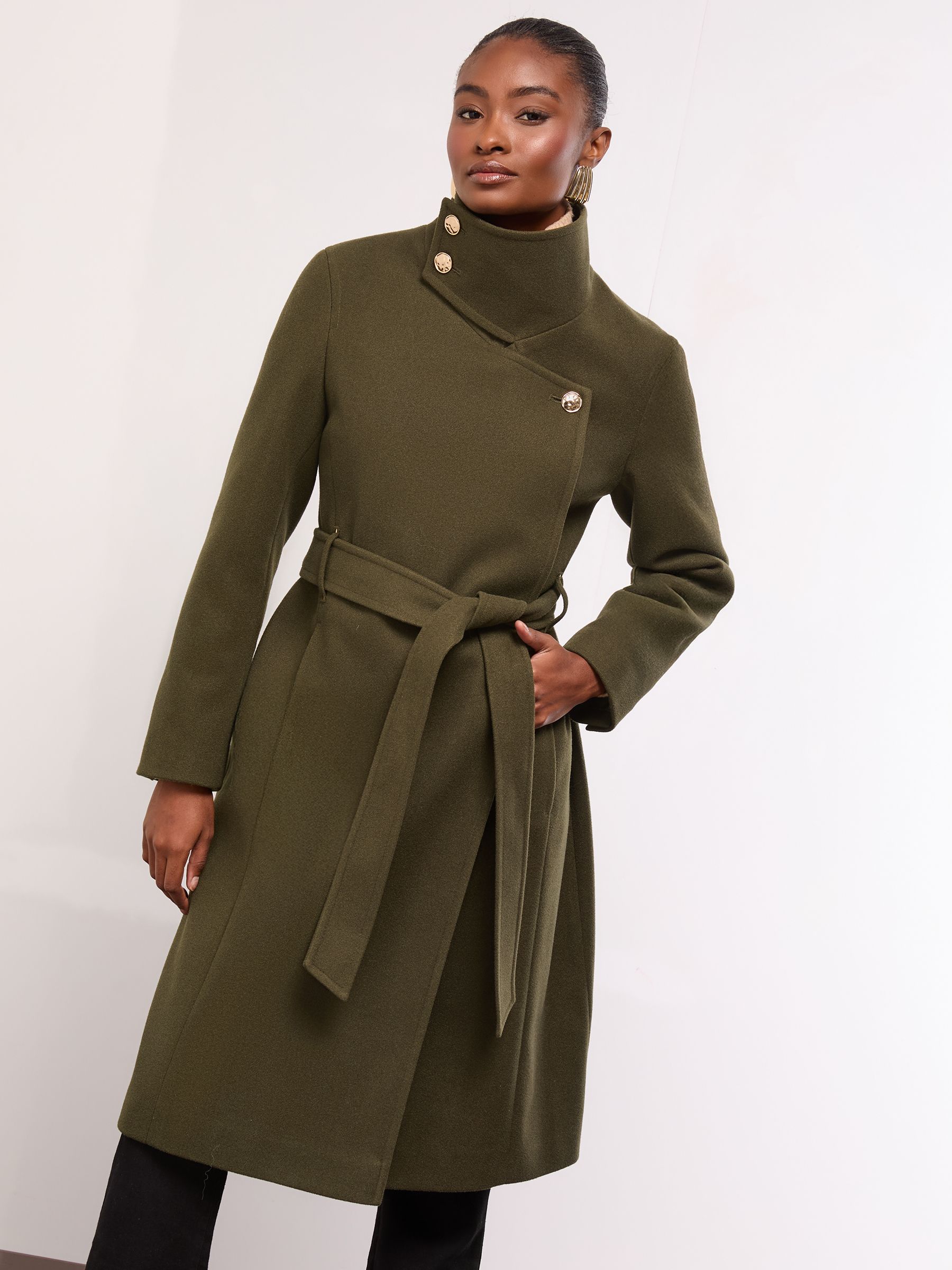 Olijfgroen - Lipsy asymmetrische jas met trechterhals en riem