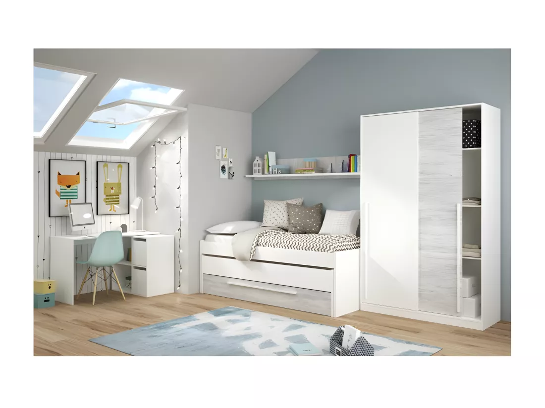 Lit et étagère aggloméré blanc sans sommiers et matelas 65x199x96cm
