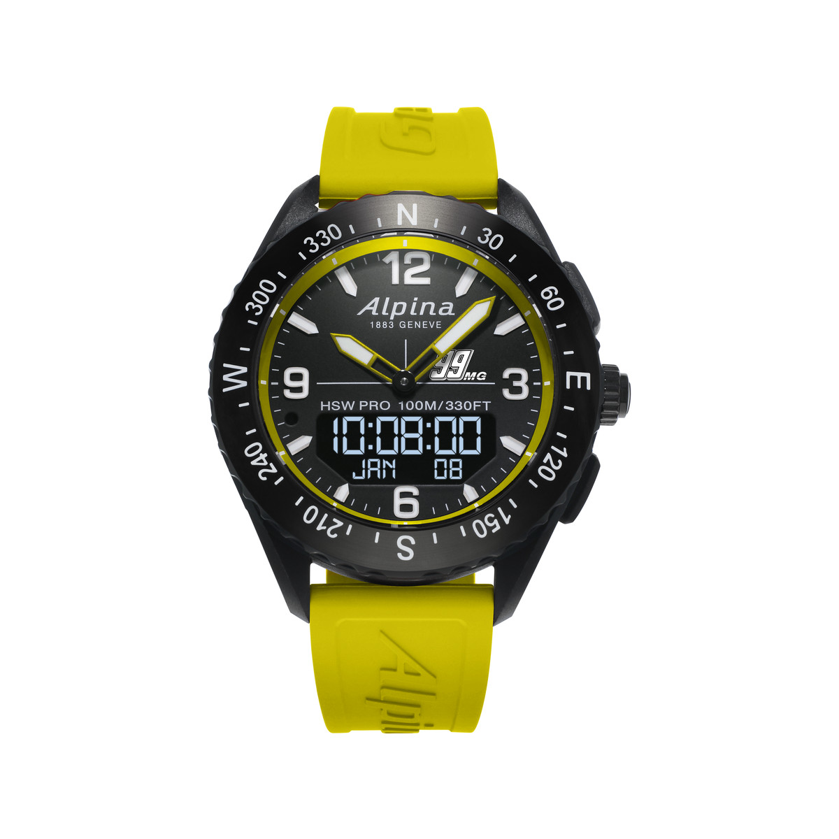 Montre d'occasion Alpina Startimer x Balance  homme acier bracelet caoutchouc jaune. Edition spéciale Michael Goulian