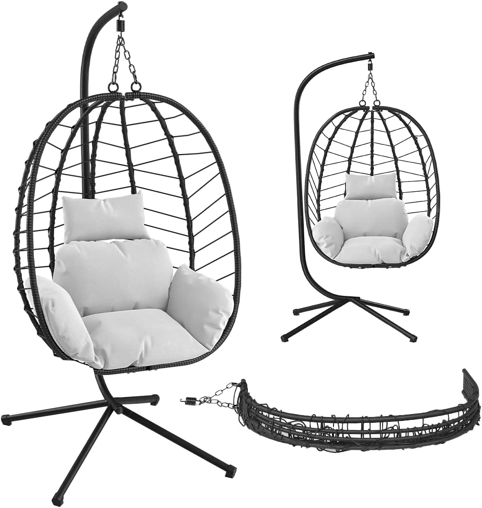 STEELSØN Alarian Hängesessel mit Gestell – Hängestuhl Rattan Outdoor & Indoor mit Kissen – Hängekorb Schwarz/Grau höhenverstellbar – Gartenschaukel Erwachsene/Kinder – Hanging Chair faltbar bis 150kg