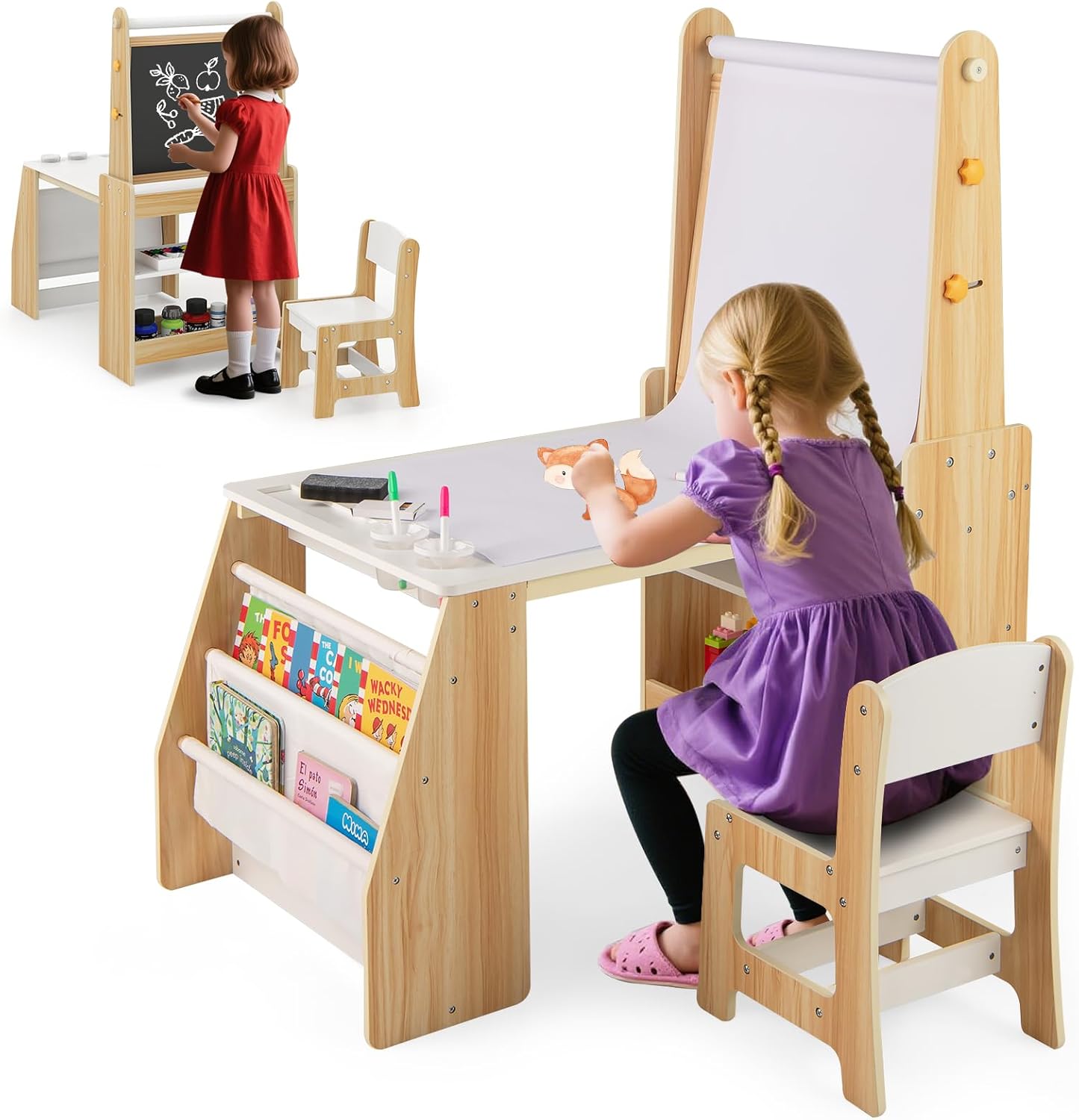 COSTWAY Kindertisch mit Stuhl & Staffelei, Kindersitzgruppe Holz mit Whiteboard & Kreidetafel & Bücherregal, Maltisch inkl. Papierrolle & Zubehör, 3 in 1 Sitzgruppe für Kinder ab 3 Jahren (Natur)