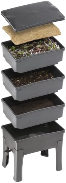 Wurmfarm Starter Set Wurm Cafe – Wurmkomposter aus recyceltem Kunststoff – 105L Wurm Café mit 3 Etagen – Inkl. 1000 Kompostwürmer & Ablasshahn für Wurmtee – Für Küche, Garten & Balkon