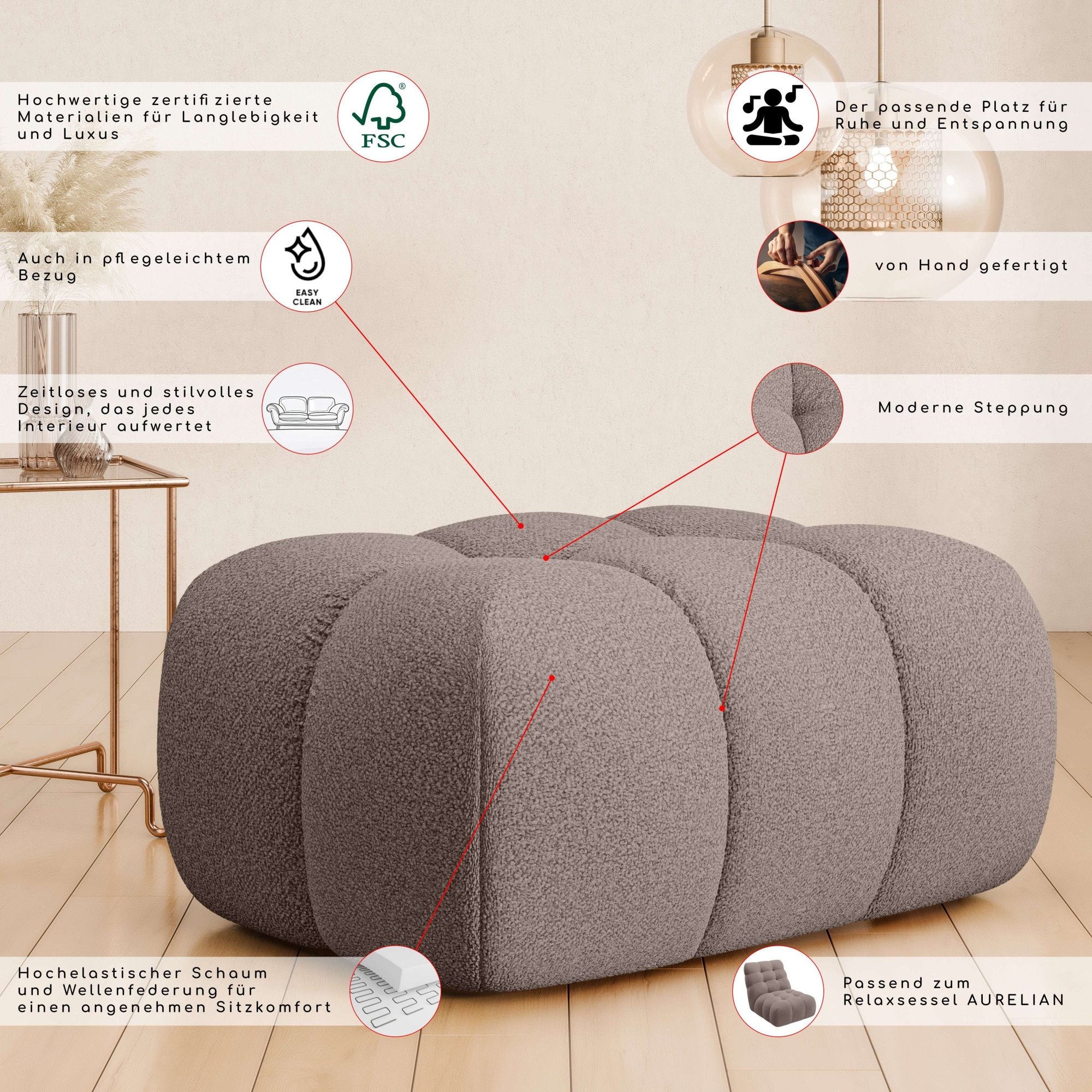 Home affaire Polsterhocker »AURELIAN, passend zum Sessel, Masse B/T/H: 88,5/53/43 cm« mit Wellenunterfederung, in verschiedenen Materialien und Farben