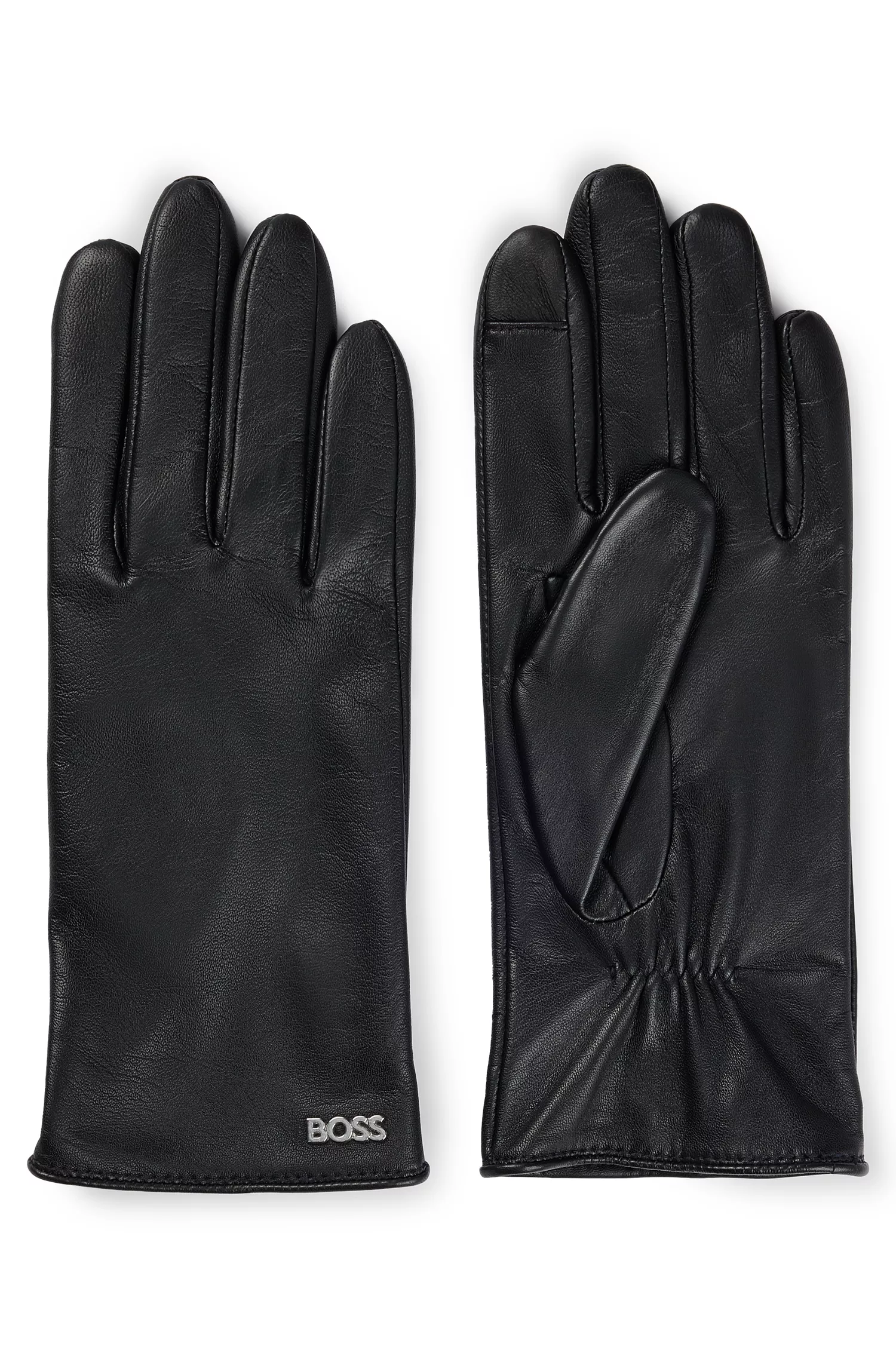 Luvas BOSS de couro preto com rebite com o logotipo.