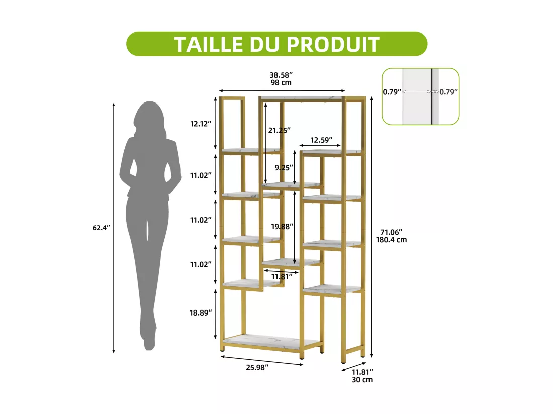 YITAHOME Bibliothèque à 6 Niveaux, Étagère Moderne avec 12 Pièce, Rangement Ouvertes pour maison, Or et Blanc