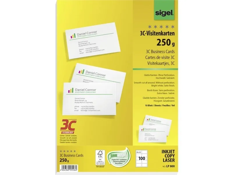 Sigel Business Card 3C LP800 - Skinnende hvid - 85 x 55 mm - 250 g/m² - 100 kort (10 ark x 10) visitkort