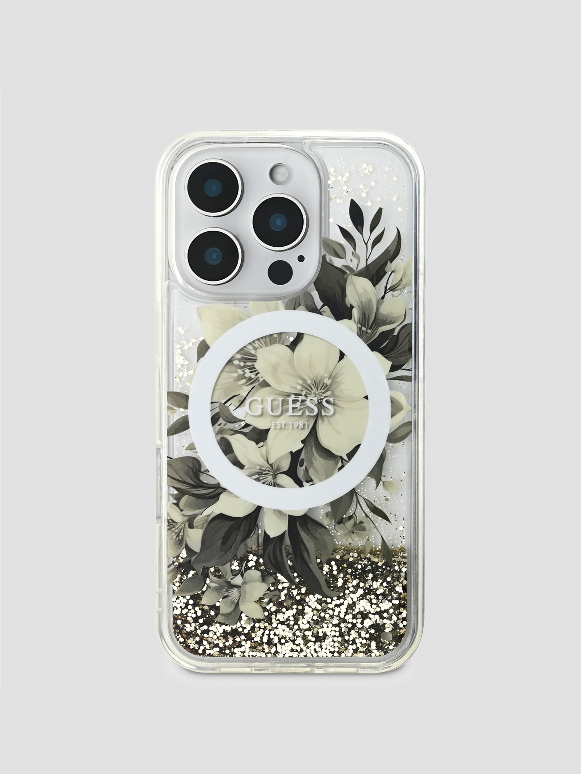 Capa para iPhone 16 Pro com estampa de flor e glitter líquido