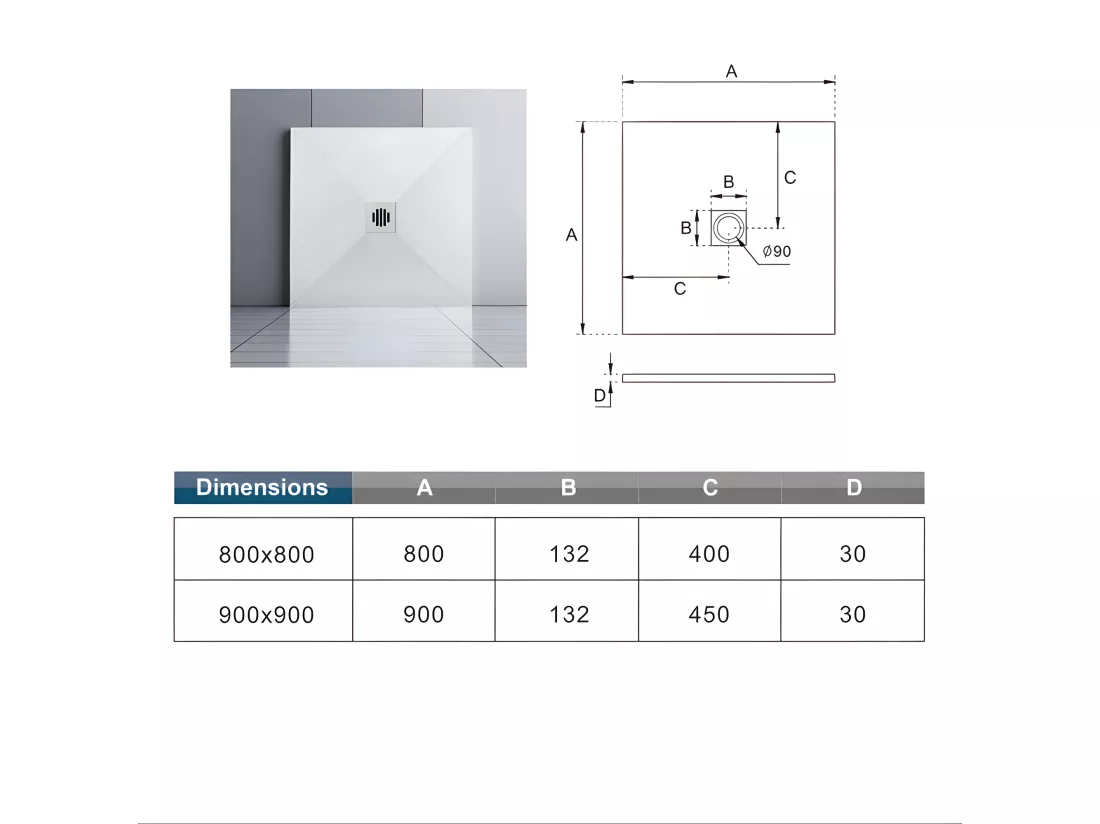 Receveur de douche 90x90cm avec une grille en ABS, bac à douche carré, Extra-plat, blanc, anti-dérapant