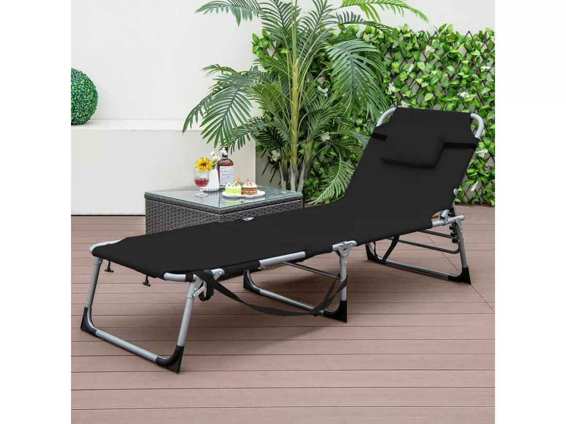 Bain de Soleil en Aluminium avec Dossier Réglable, Chaise Longue Pliante avec Oreiller Amovible et Trou pour Visage, Transat avec Poche Latérale, pour Jardin, Plage, Charge 180KG (Noir)