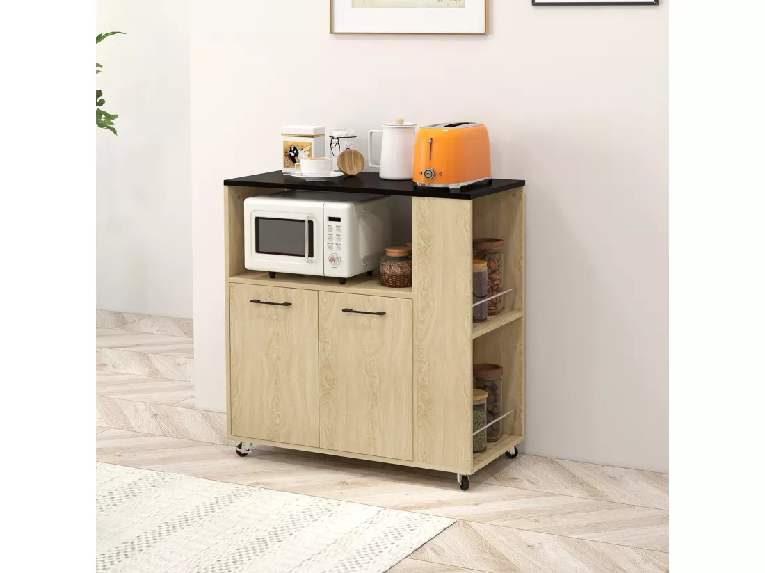 Desserte de cuisine multi-rangement 2 portes, étagère, niche, plateau, 2 porte-épices noir aspect chêne clair