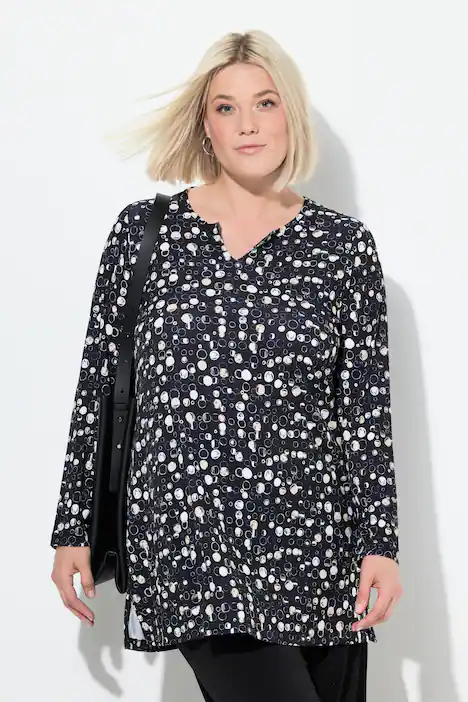Longshirt, A-Linie, Tunika-Ausschnitt, Langarm, schwarz