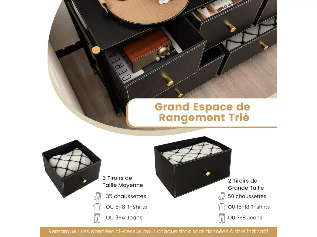 Commode Chambre, Commode Chambre Adulte 5 Tiroirs en Cuir PU et Tissu Pliable, Cadre en Métal, Chiffonnier Moderne avec Poignée Doré, Commode Rangement pour Salon, Entrée, Noir (5 Tiroirs)
