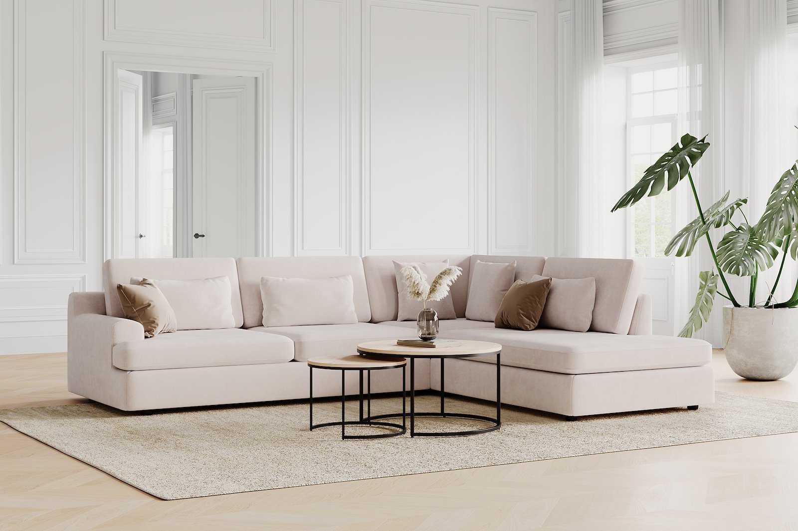 Roma hjørnesofa 3-seter med åpen ende høyre. Tekstil Raven 24 Light Beige med sorte ben