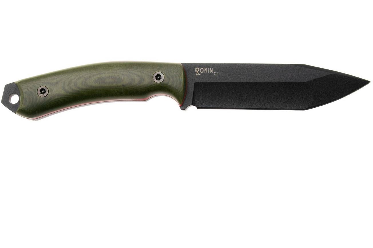 Doble O Knives Ronin 2.1 Forest Warrior R02101, Black Cerakote Sleipner, Green Micarta, Red G10 liner, vaststaand mes, Ovidio Calvet design