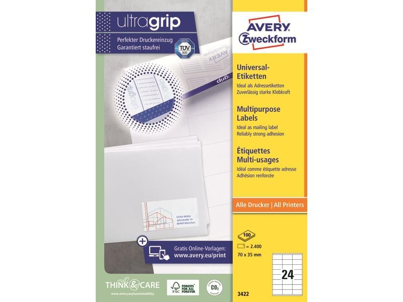 Avery Zweckform Universal-Etiketten 3422 70 x 35 mm, 100 Bl Weisse Adressaufkleber, permanent haftend