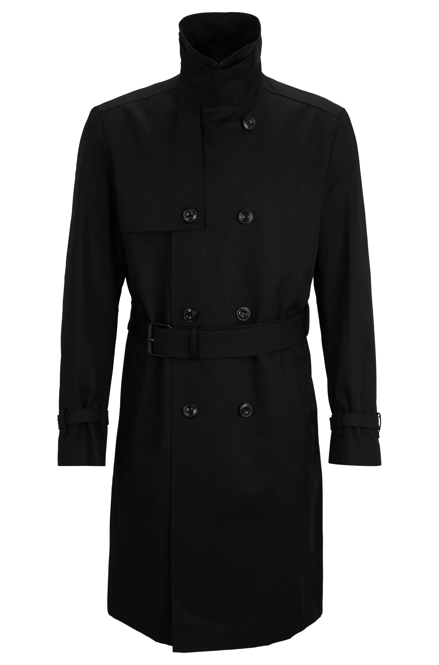 Trench coat HUGO vermelho, impermeável, com fechamento por cinto.