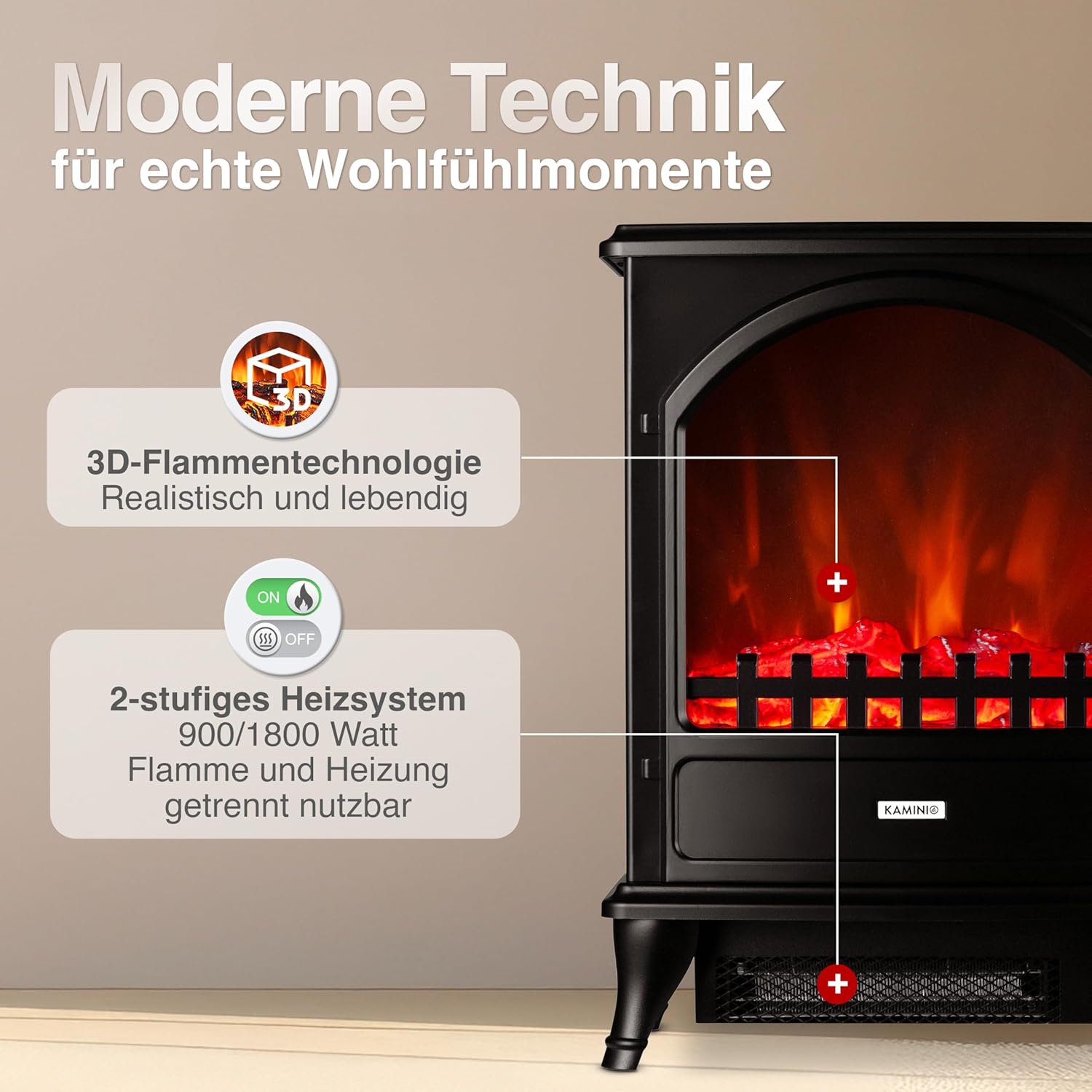 Elektrokamin Leni - Elektrischer Kaminofen mit Heizung, 3D-Flammeneffekt (Schwarz)