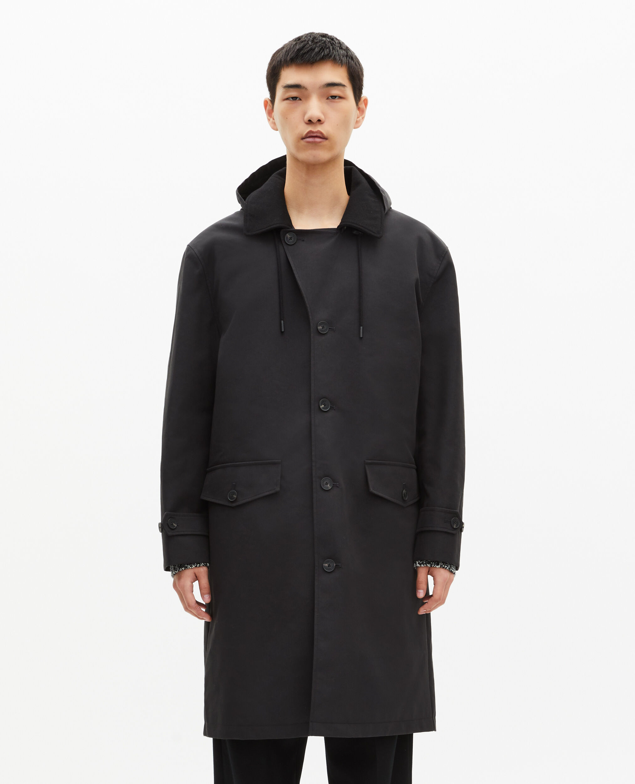 Parka à traitement déperlant type trench à capuche noire
