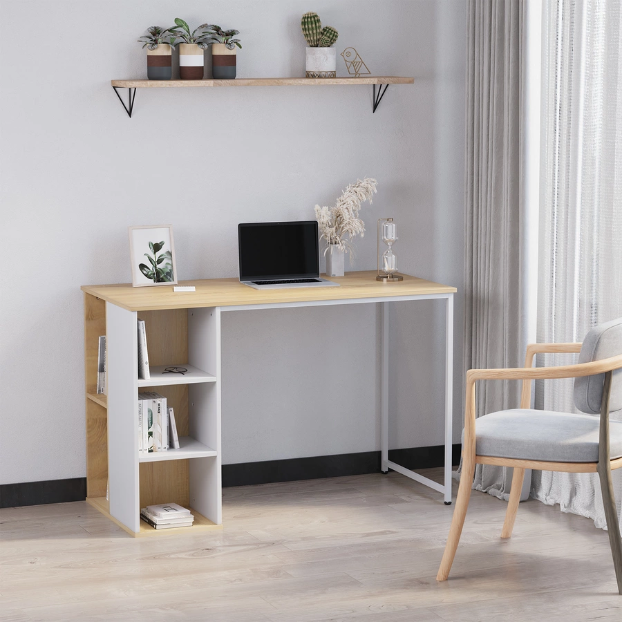 HOMCOM Schreibtisch Tisch mit Bücherregal eiche, weiß
