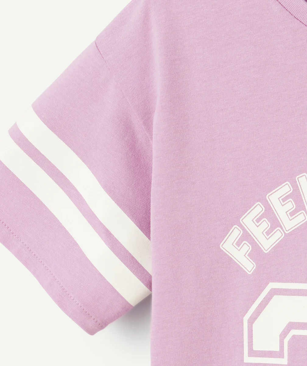 t-shirt fille en coton biologique mauve avec chiffres et messages