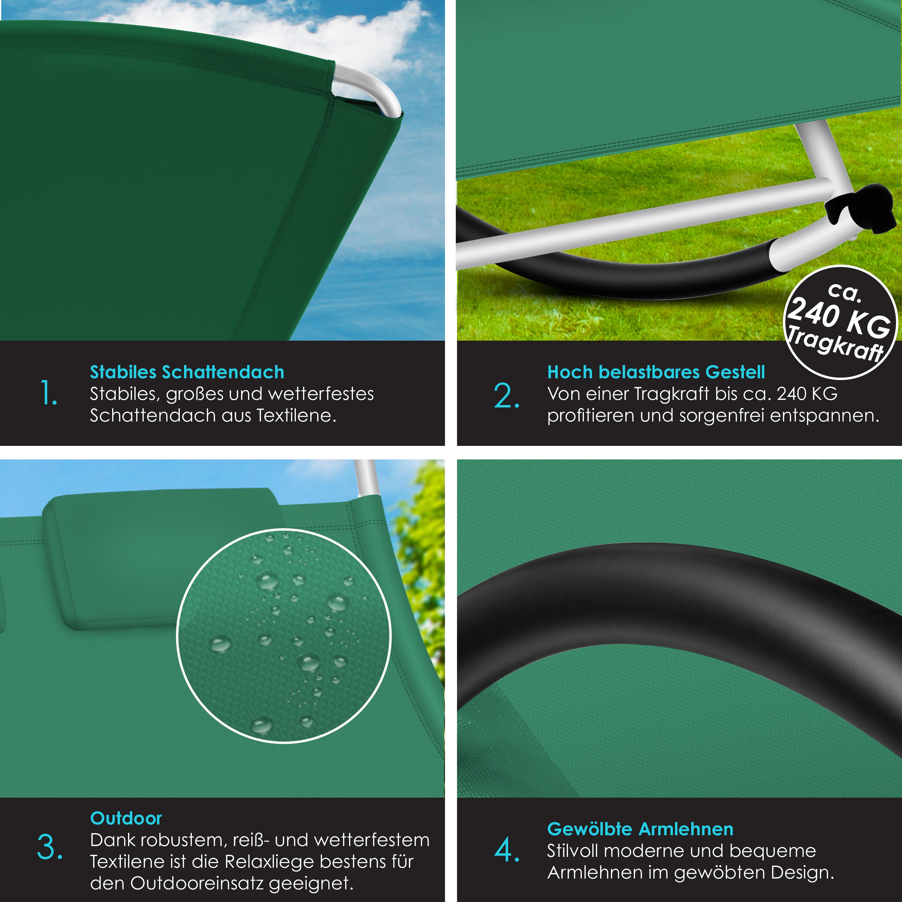 KESSER® Doppel-Sonnenliege Doppelliege | mit Sonnendach , Kopfkissen Tasche | für 2 Personen | Relaxliege | Gartenliege | Schaukelliege ergonomisch geformte Liegefläche | 240 kg Belastung |