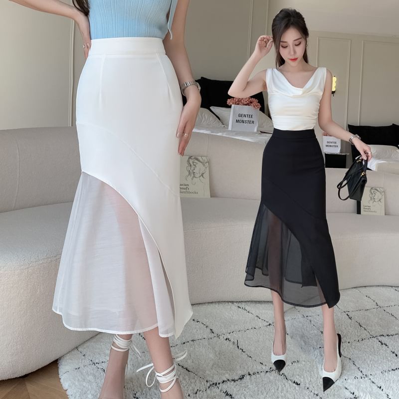 MAVIS - Hoge taille effen asymmetrische midi zeemeerminrok