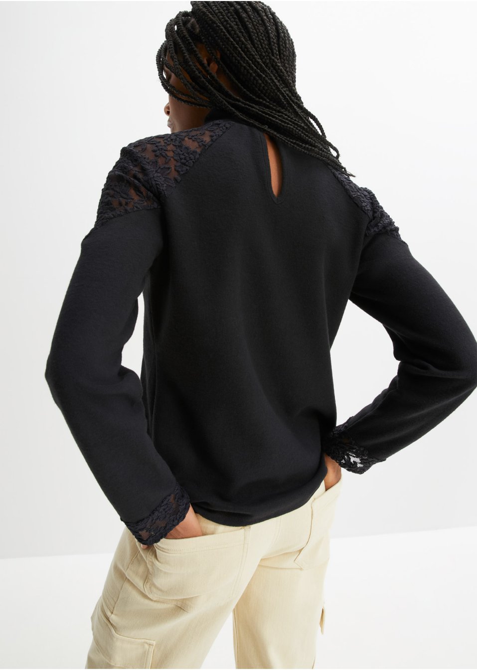 T-shirt manches longues côtelé avec dentelle