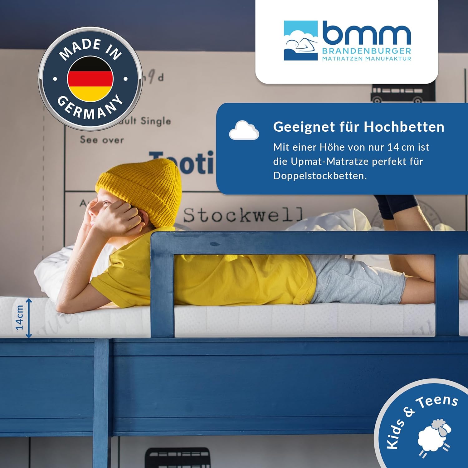 BMM Kindermatratze UpMat 90x200cm H2 für Hochbetten/Kaltschaummatratze Öko-Tex Zertifiziert/für alle gängigen Hoch-Betten/Matratzen produziert in Deutschland