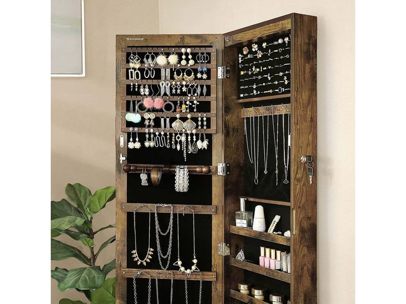 Songmics Schmuckhalter mit Spiegel 37 x 10 x 120 cm, Braun Schmuckschrank