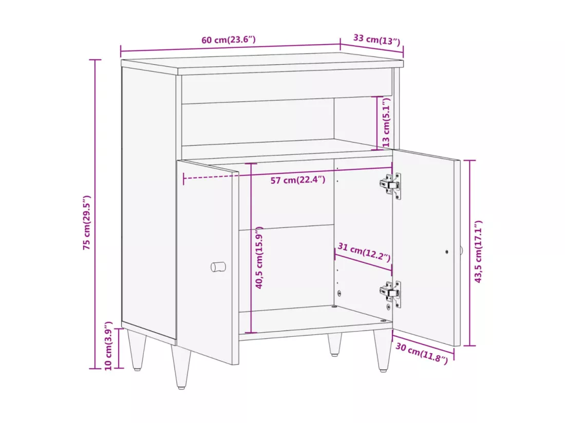 Armoire latérale 60x33x75 cm bois massif de manguier