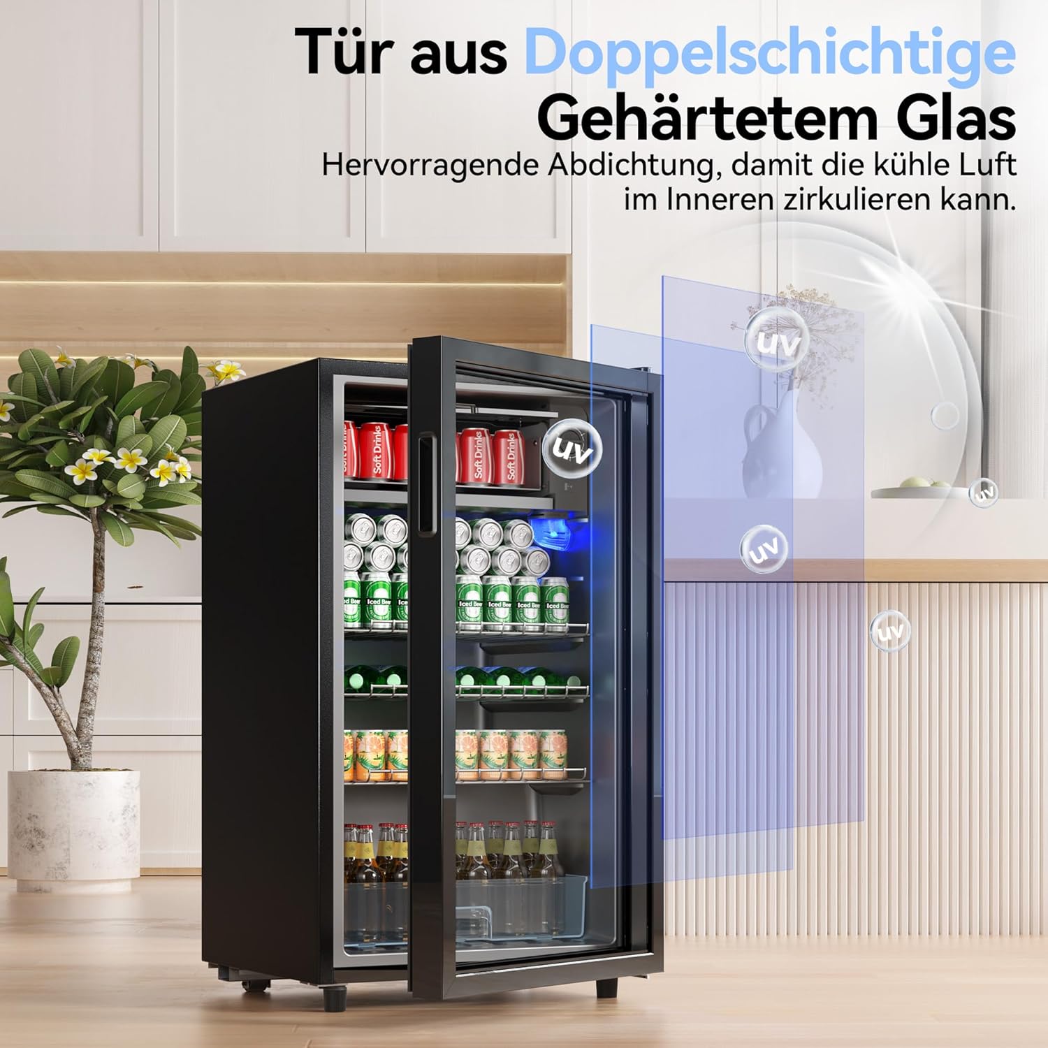 93L Getränkekühlschrank,Mini-Kühlschrank für 140 Dosen, mit Glastür kleiner Kühlschrank,LED | 3 Verstellbare Ablageböden für Soda/Bier/Wein | Perfekt für Homebar, Partys, Gastronomie