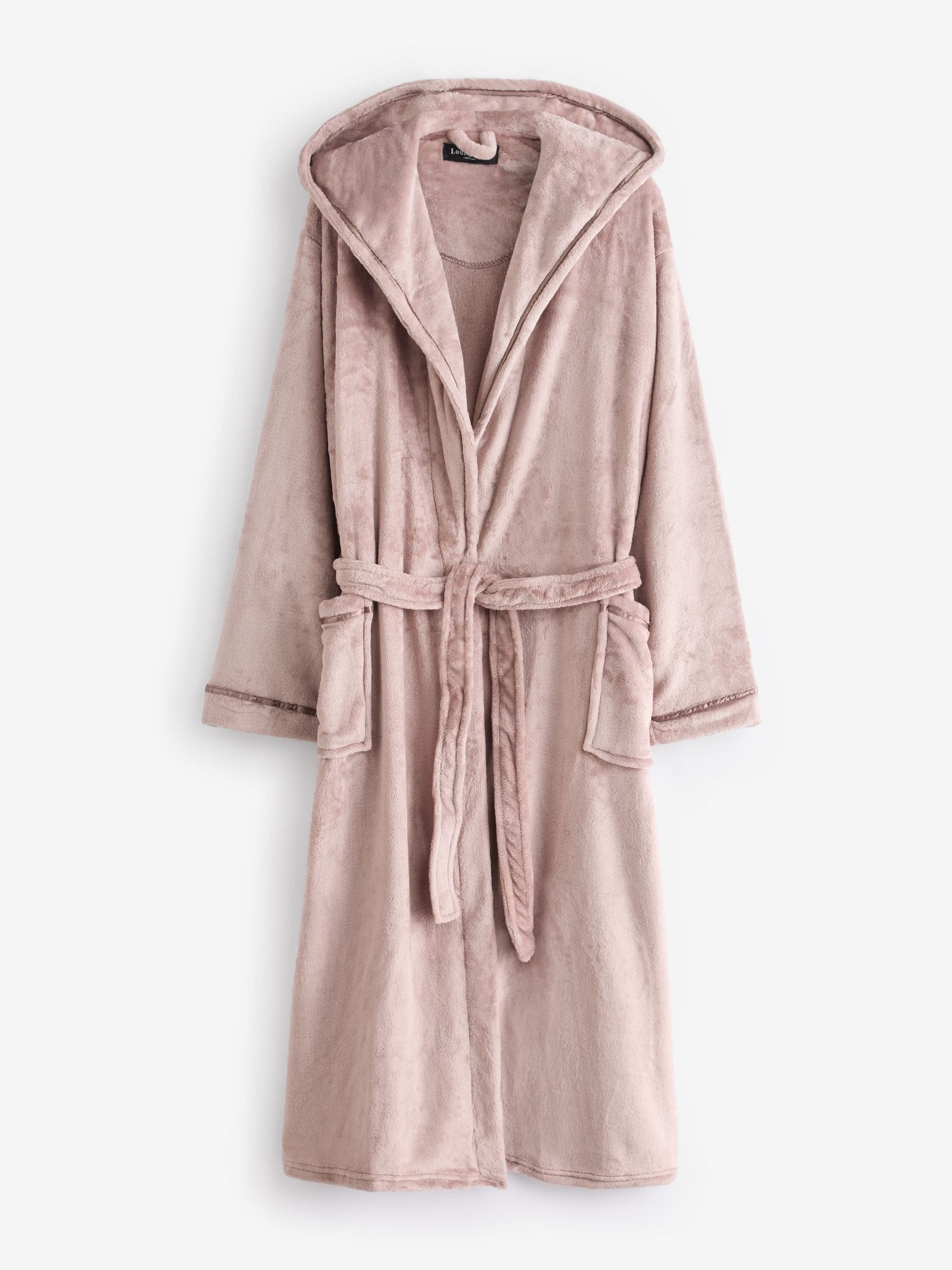 Taupe - Loungeable Christmas Ribbon Trim Luxury Fleece Hooded Maxi Robe