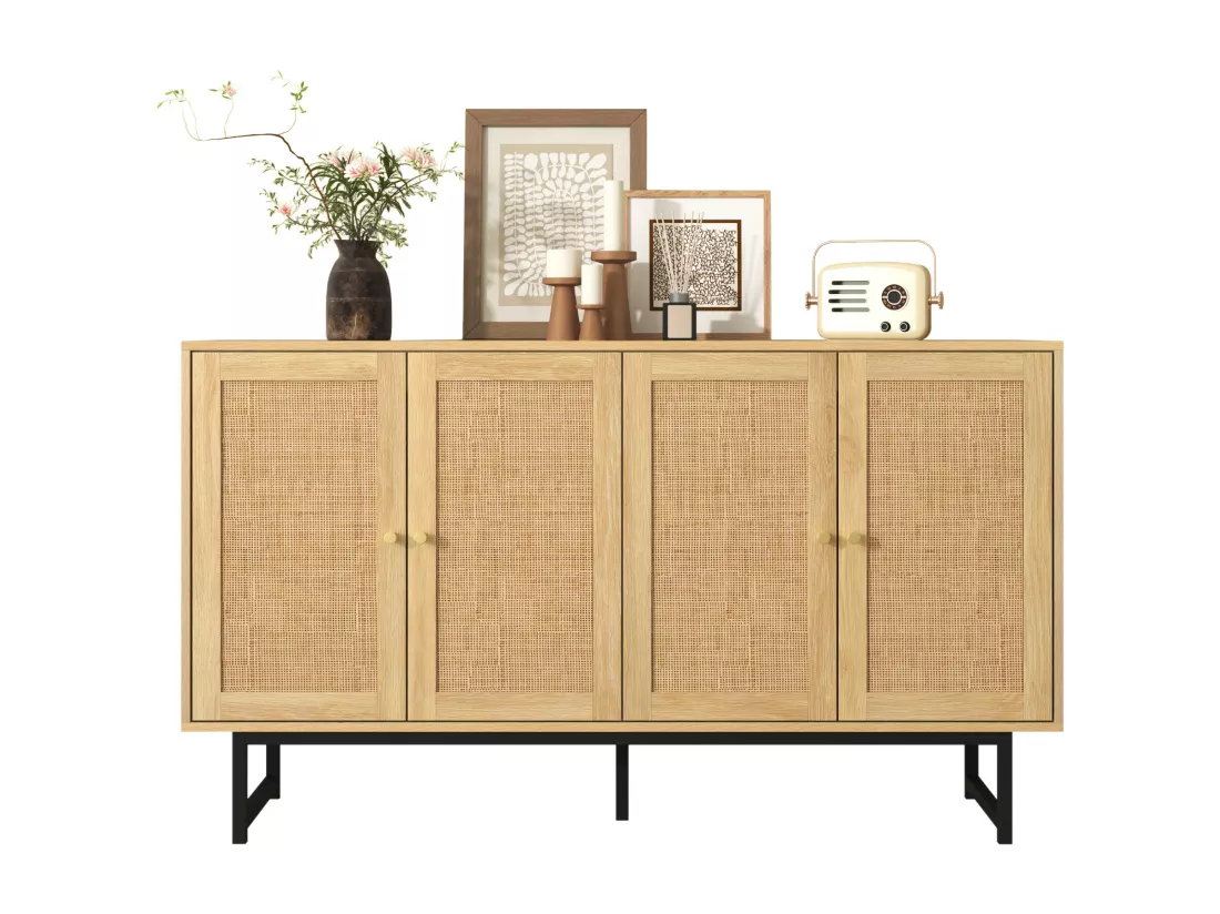 Buffet avec 4 portes en rotin - 140 x 39,5 x 80 cm - Panneau de particules - Coloris bois