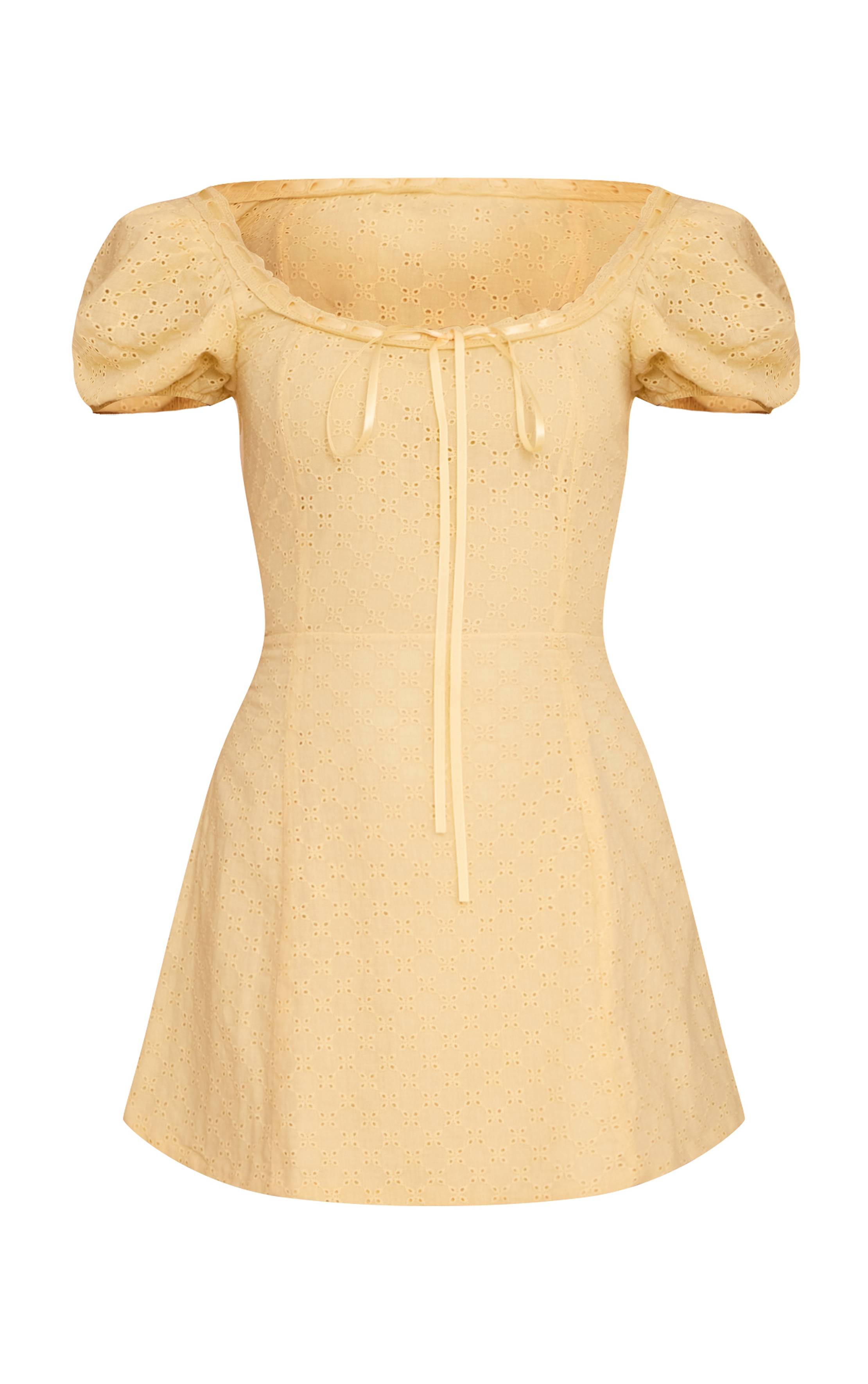 Jaune Robe Mini Trapèze À Manches Bouffantes En Broderie Anglaise