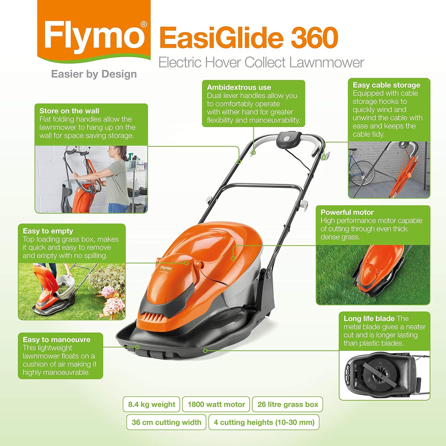 Flymo EasiGlide 360 Hover Collect Rasenmäher – 1800-W-Motor, 36 cm Schnittbreite, 26-Liter-Grasauffangkorb, flach zusammenklappbar, 10 m Kabellänge, 9704832-01, Orange/Grau, 36 cm Cutting Width
