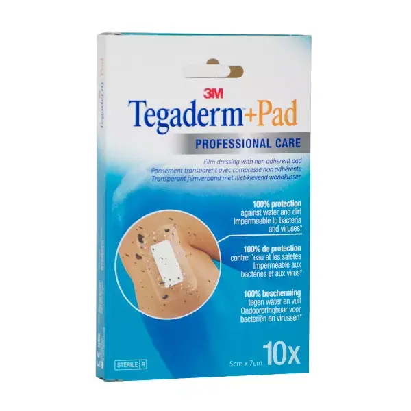 Curativo estéril transparente 3M Tegaderm + Pad, 5 cm x 7 cm, 10 unidades.