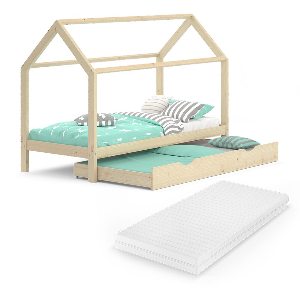 VitaliSpa Kinderbett Hausbett Gästebett Wiki Natur 90x200cm Schublade Matratze