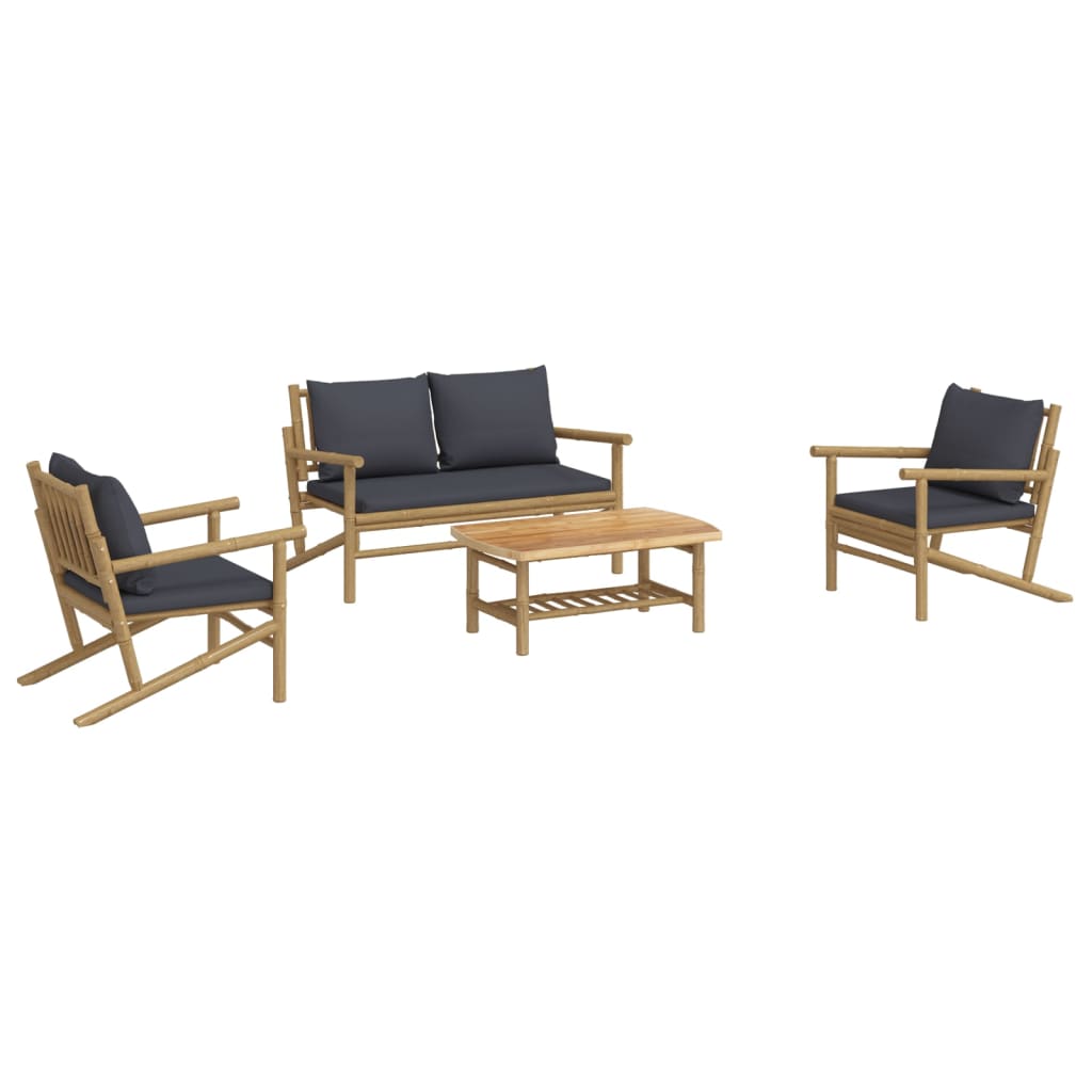 Salon de jardin meuble d'extérieur ensemble de mobilier 4 pièces avec coussins gris foncé bambou