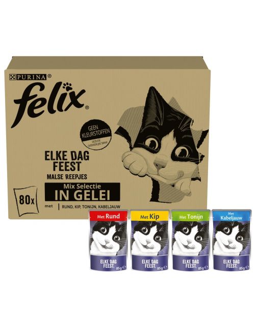 Felix Multibox Elke Dag Feest Mix Selectie In Gelei - Kattenvoer - Rund Tonijn Kip 80x85 g