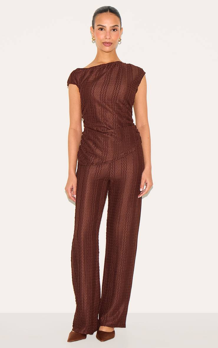 Chocolat Haut Épaule Dénudée Asymétrique Texturé Petite Taille Ensemble Coordonné