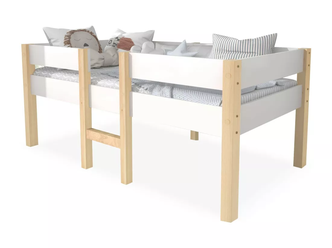 Lit mi-hauteur 90 x 200 cm avec escalier - Charge max. 120kg - Bois de pin massif - Blanc