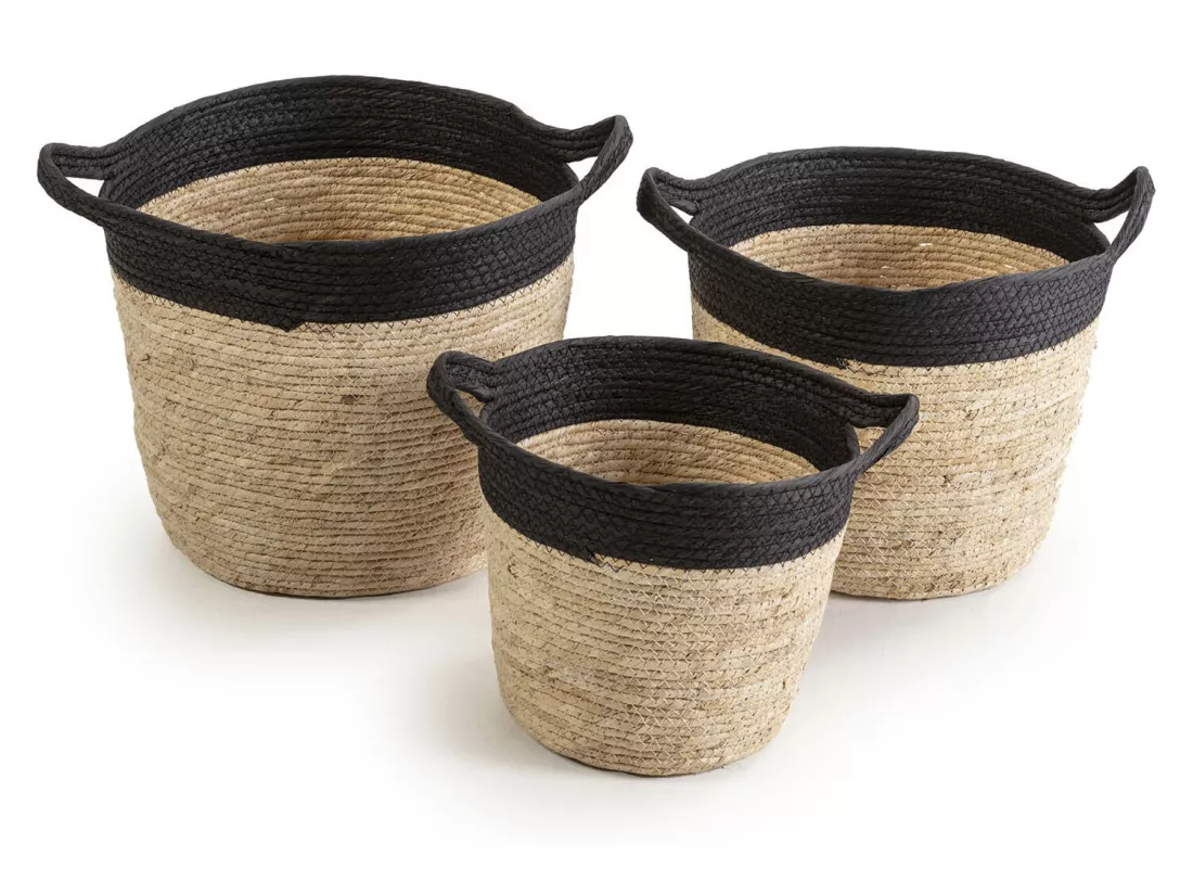 Set de 3 paniers Otilia fibre naturelle et papier, noir/beige