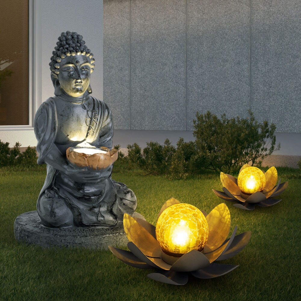3er Set LED Solarleuchten, 2x Lotosblume, 1x Buddha