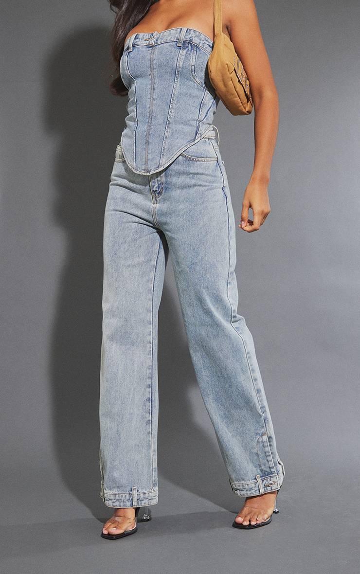 Mid Blue Wash Jean Droit Avec Détail Ceinture À L'ourlet