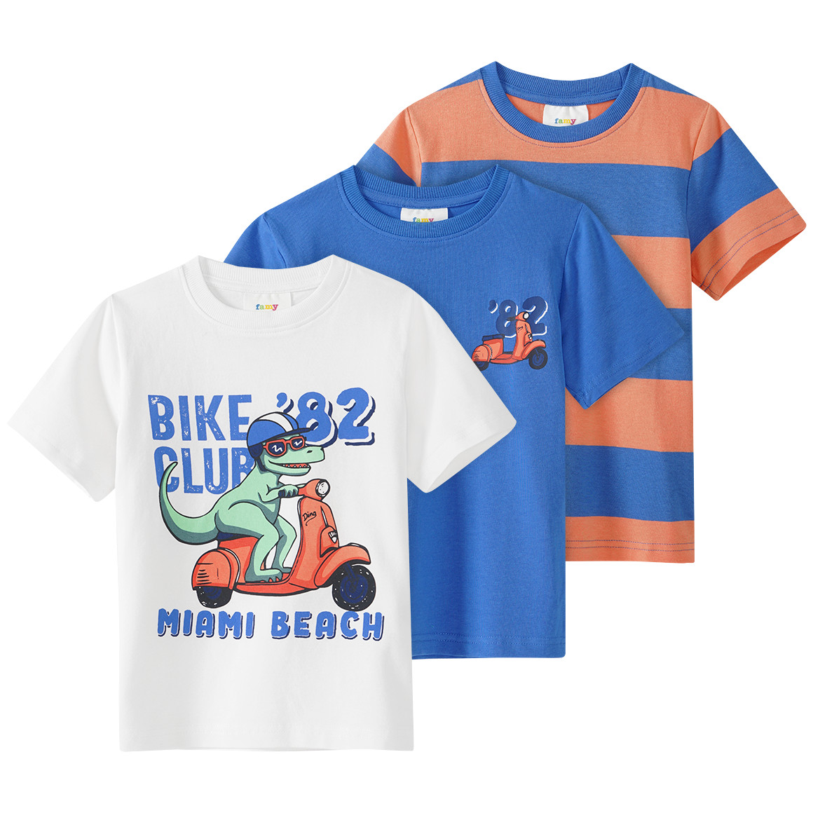 Famy 3 Jungen T-Shirts in verschiedenen Dessins weiss / blau / orange