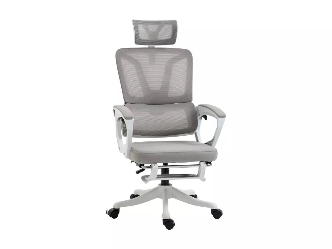 Fauteuil de bureau ergonomique inclinable réglable - repose-pied rétractable, support lombaires, tétière ajustable - blanc gris