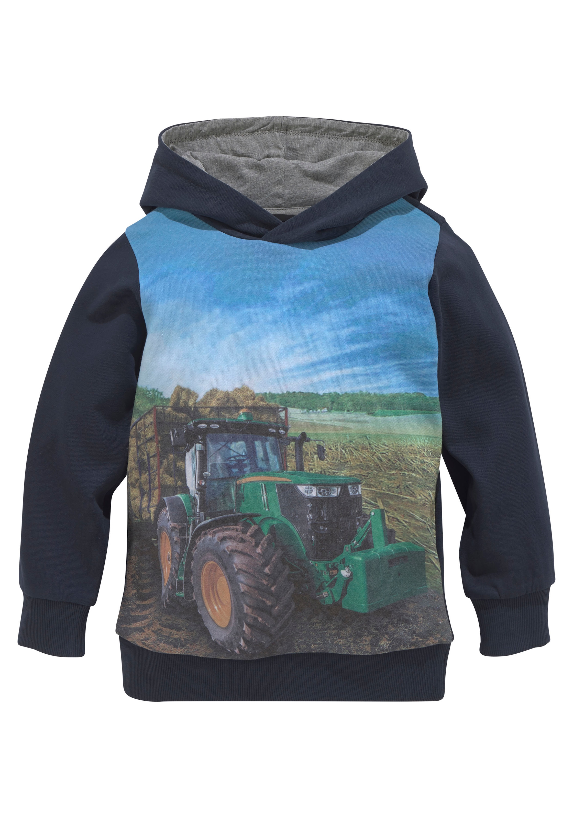 KIDSWORLD Kapuzensweatshirt »Traktor - Fotodruck«, bedrucktes Design,  aus angerauter Sweatware,  mit Rippbündchen